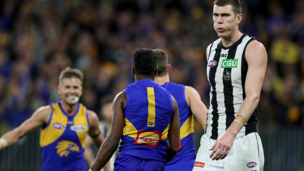 Blow out: Magpie Mason Cox was unable to exploit his height advantage against the Eagles at Optus Stadium.