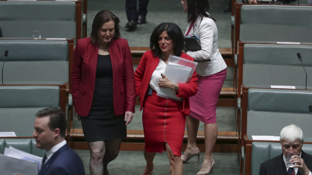 Outgoing Minister for Women Kelly O'Dwyer and former Liberal MP Julia Banks in Parliament.