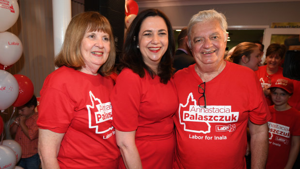 Queensland Premier Annastacia Palaszczuk with her parents Henry and Lorelle on election night in 2017.
