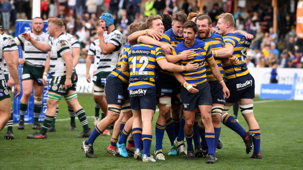 Drought over: The Students celebrate a Jake Gordon try against the Rats in the Shute Shield final.