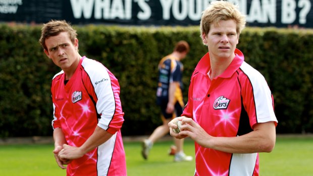 Steve O’Keefe and Steve Smith at a Sixers training session in 2012. 