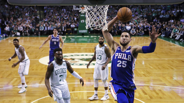 Down and out: Ben Simmons lines up a dunk in his last game of the season.