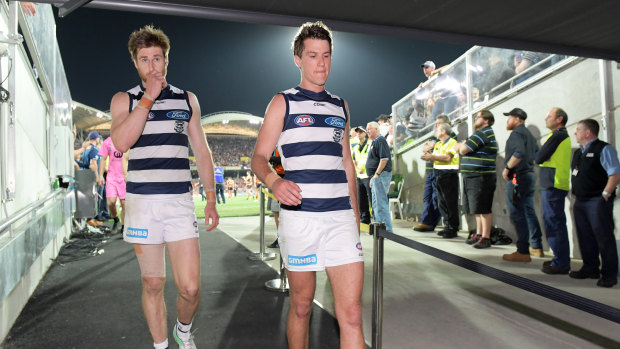 The retirements of Tom Lonergan (left) and Andrew Mackie have left substantial holes in Geelong's defence.