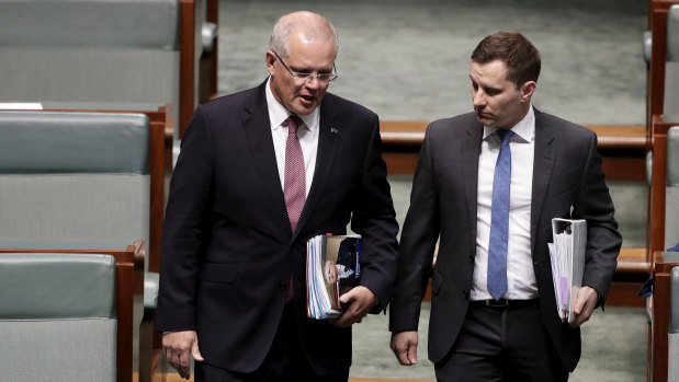 Special Minister for State Alex Hawke, pictured with Prime Minister Scott Morrison, said his party should consider quotas for women.