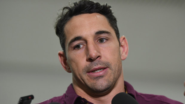 Playing it safe: Billy Slater speaks after arriving in Melbourne on Monday.
