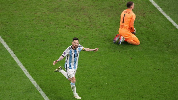 Lionel Messi celebrates after converting from the penalty spot earlier in the tournament.