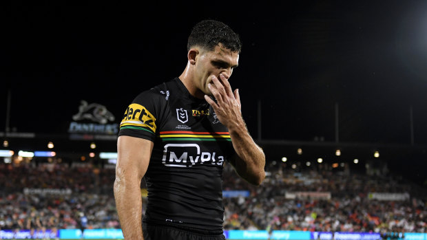 Nathan Cleary leaves the field on Friday night after aggravating his hamstring injury.