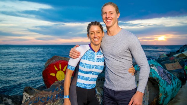 Inspiration: Angela Furneaux with son Jessy Grant, who won a long course triathlon world championship two years ago, in Port Macquarie.