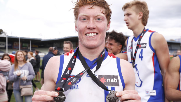 Matt Rowell with his premiership and best-on-ground medals after the Oakleigh Charges defeated Eastern Ranges in Saturday's NAB League grand final. 