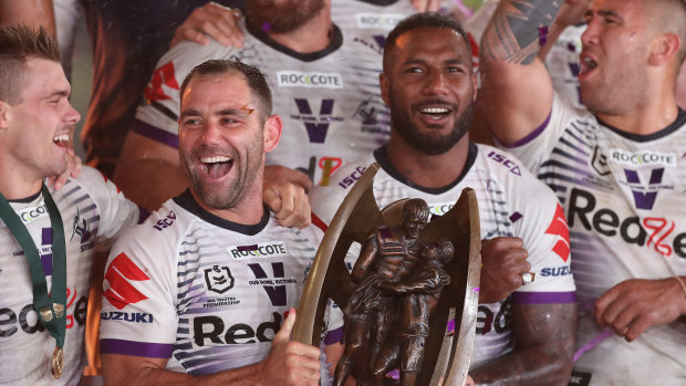 Cameron Smith celebrates the grand final win.