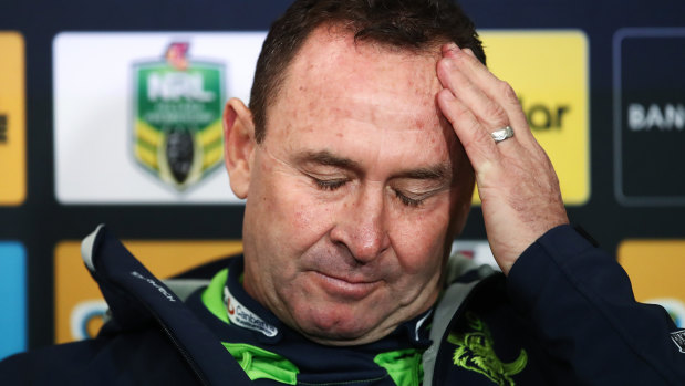 Fed up: Ricky Stuart shows the strain during his post-match press conference on Friday. 
