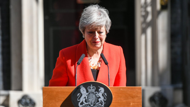 Theresa May delivering a speech announcing her resignation outside number 10 Downing Street.