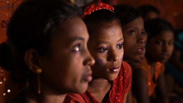 Female students during a class at a UNICEF Learning Centre in Hakim Para camp.