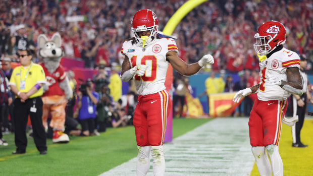 Isiah Pacheco celebrates the Chiefs’ first touchdown in the third quarter.