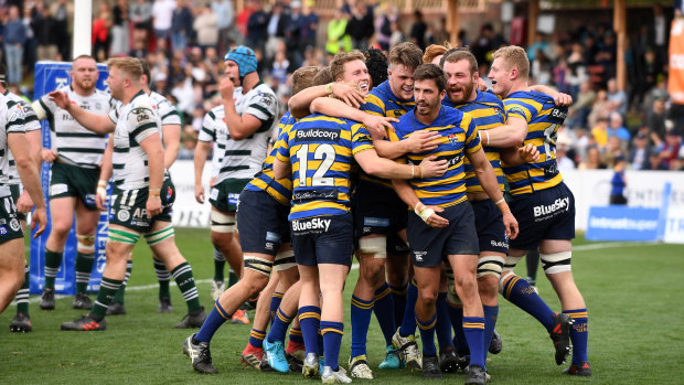 Drought over: The Students celebrate a Jake Gordon try in the Shute Shield final.