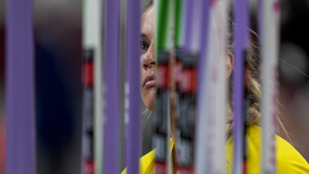 Kelsey-Lee Barber, of Australia, competes in the women’s javelin throw final. 