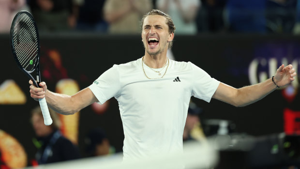 Alexander Zverev celebrates after winning the quarter-finals singles match against Carlos Alcaraz.