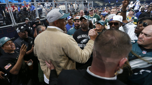 Landmark: Mailata shakes hands with fans after he was selected by the Eagles in the NFL draft back in April.