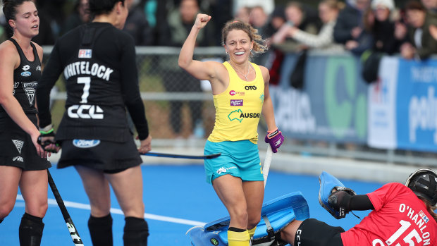 Malone celebrates scoring a goal against New Zealand in 2021.