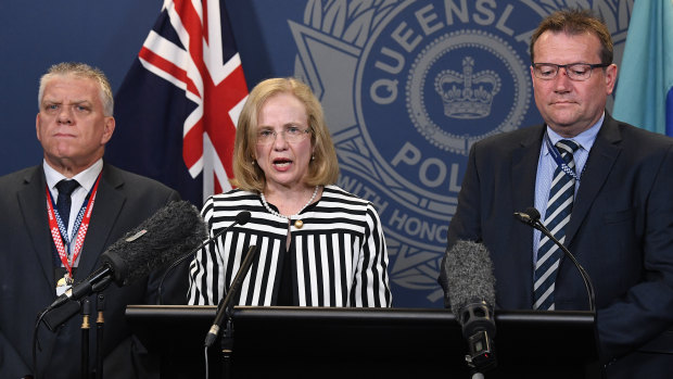 (From left) Detective Superintendent Jon Wacker, Queensland chief health officer Jeanette Young and Acting Chief Superintendent of state crime command Terry Lawrence address the media regarding the strawberry contamination.