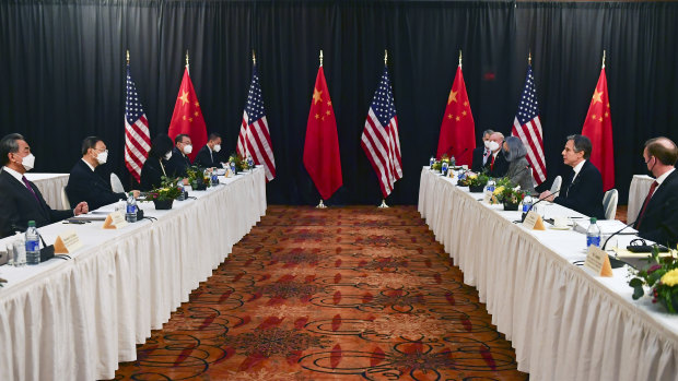 Secretary of State Antony Blinken, second from right, National Security Adviser Jake Sullivan, right, in talks with Chinese Communist Party foreign affairs chief Yang Jiechi, and China’s State Councilor Wang Yi in Anchorage, Alaska.