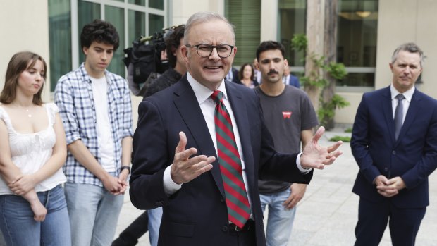 Prime Minister Anthony Albanese and Minister for Education Jason Clare meet with TAFE and university students, at Parliament House in Canberra on Monday.