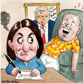 Gladys Berejiklian, Scott Morrison and Donald Trump. Illustration: John Shakespeare