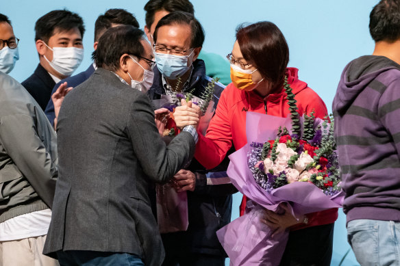 Starry Lee Wai King celebrates on stage after winning a seat in the Legislative Council general election in Hong Kong, China, on Sunday.