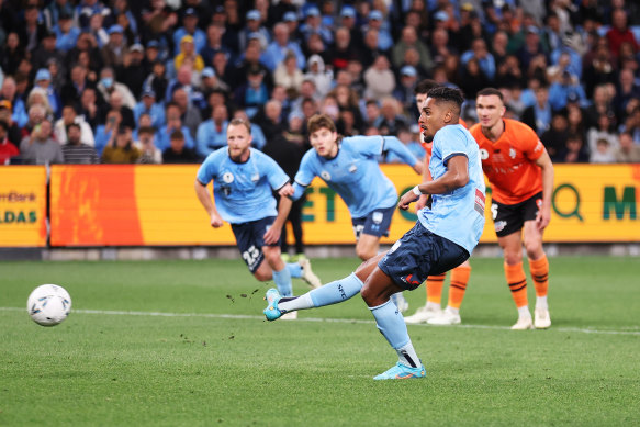 Fabio Gomes scores from the spot for Sydney FC.