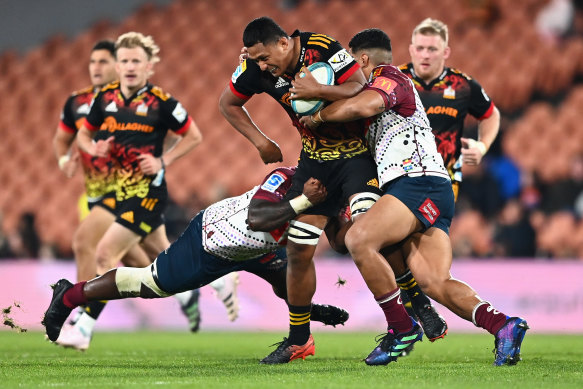 Samipeni Finau of the Chiefs is tackled during the quarter-final clash.