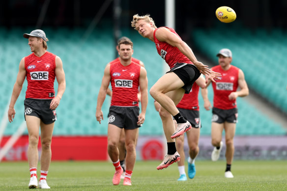 Isaac Heeney and the Swans at training this week.