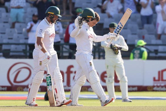 South Africa’s Ryan Rickelton celebrates his hundred.