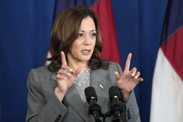 Vice President Kamala Harris speaks at a campaign event in Greensboro, North Carolina,