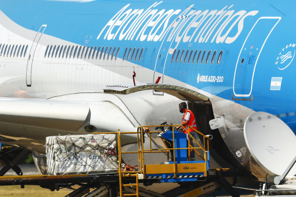 A container carrying some of the first batch of 300,000 Sputnik vaccines arrives in Ezeiza, Argentina, in December.