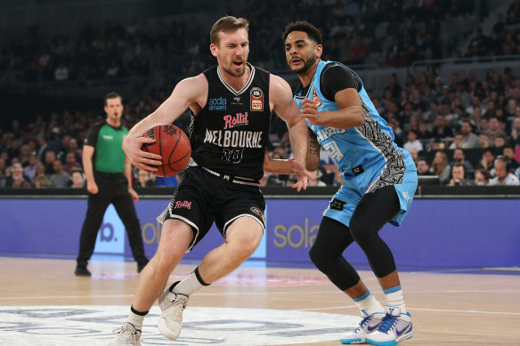 Pain no barrier: Mitch McCarron starred for Melbourne United in their win over the New Zealand Breakers on Saturday night and despite hurting his ankle late played out the game.