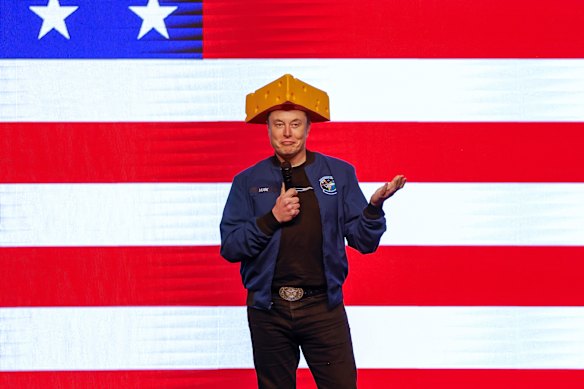 Elon Musk wore a cheese hat on his head at a rally while trying to get a conservative judge elected to Wisconsin’s supreme court.