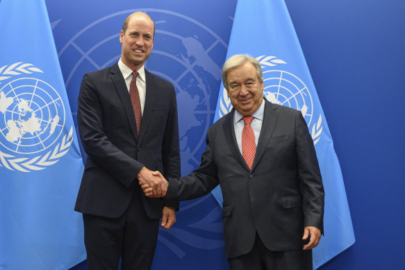 Prince William shakes hands with United Nations Secretary General Antonio Guterres during a meeting at UN headquarters in New York on Monday.