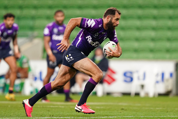 Cameron Smith on the run for the Storm against Canberra at AAMI Park on Saturday night. 