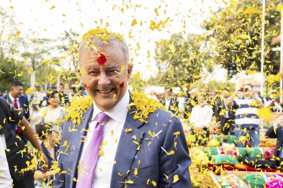 Prime Minister Anthony Albanese during a Holi celebration in Ahmedabad, India.
