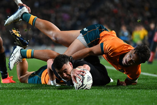 Inside-centre David Havili crashes over to score for the All Blacks on Saturday night.