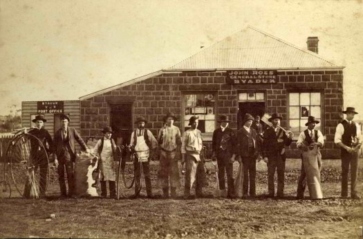 A line of tradespeople and retailers outside the Byaduk general store in a photo taken in the 1890s or early 1900s.