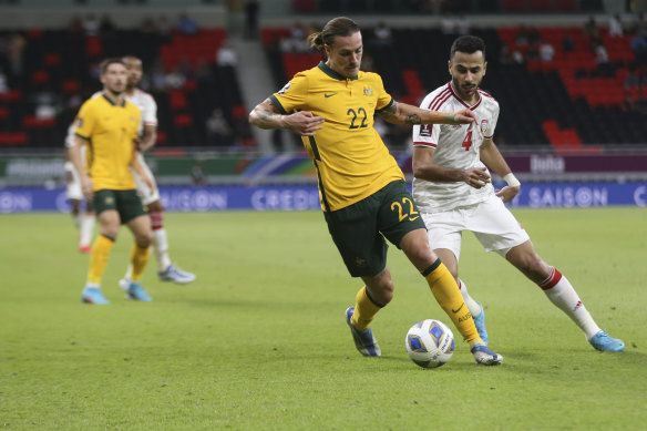 Goal scorer Jackson Irvine and Khaled Ebraheim battle for the ball.