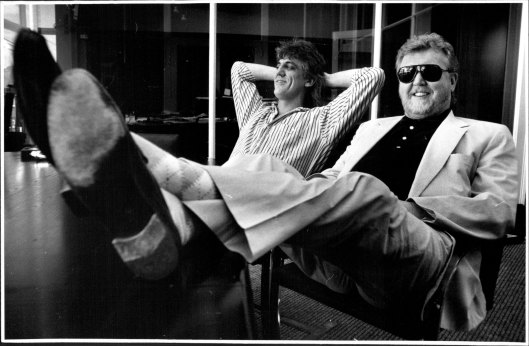 Harry Nilsson at Pro Image post studios at Crows Nest, with Jon English. Taken during the recording of the Rock Opera Paris on September 6, 1989.