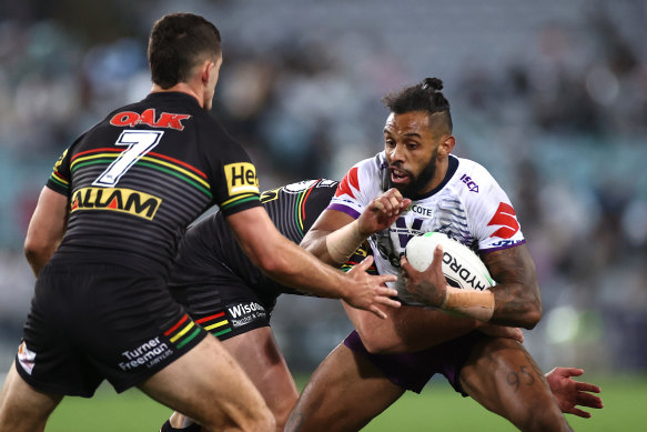 Playing catch-up: Storm speedster Josh Addo-Carr during the 2020 NRL grand final between the Panthers and the Storm at Stadium Australia.
