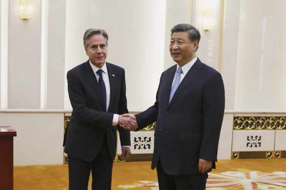 US Secretary of State Antony Blinken shakes hands with Chinese President Xi Jinping in the Great Hall of the People on Monday.