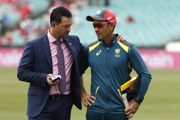 Justin Langer, right, is Ricky Ponting’s preferred candidate for the Hobart Hurricanes coaching role.