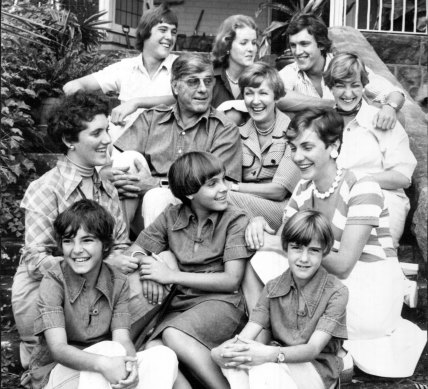 The Rossi family, at their Northwood home, but for one daughter. From left back row: Philip, 14, Mary-Anne, 20, Tim, 25, Theo and Mary, Claudia, 23, Sally, 18, Danny, 11, Cathy, 26, Emma, 9 and Alexandra, 8, in 1976. 