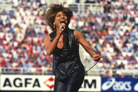 Tina Turner performing at the 1993 NRL grand final at Allianz Stadium. 