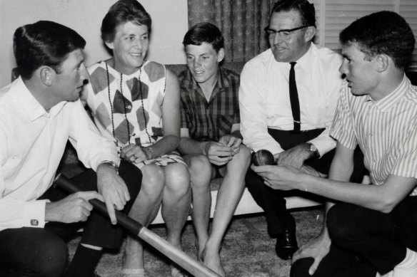 The Cricketing Chappells, pictured in 1965: Ian, 22, Trevor, 13, and Greg 17, with their parents.