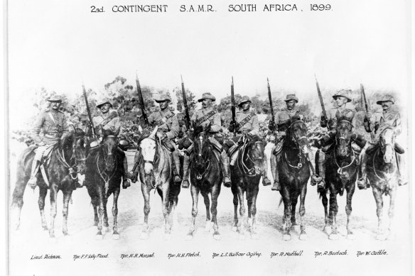 Harry “Breaker” Morant, third from left, with members of the South Australian Infantry who left for South African in February 1900.